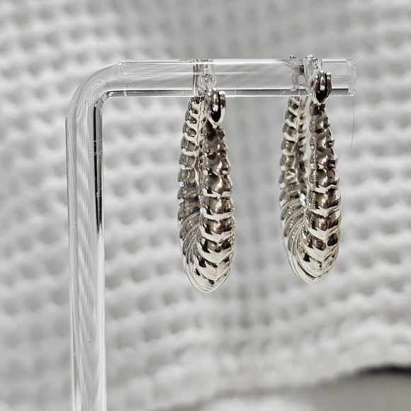 Vintage Chunky Ribbed Silver Oval Shrimp Hoop Earrings 925 - Picture 6 of 9